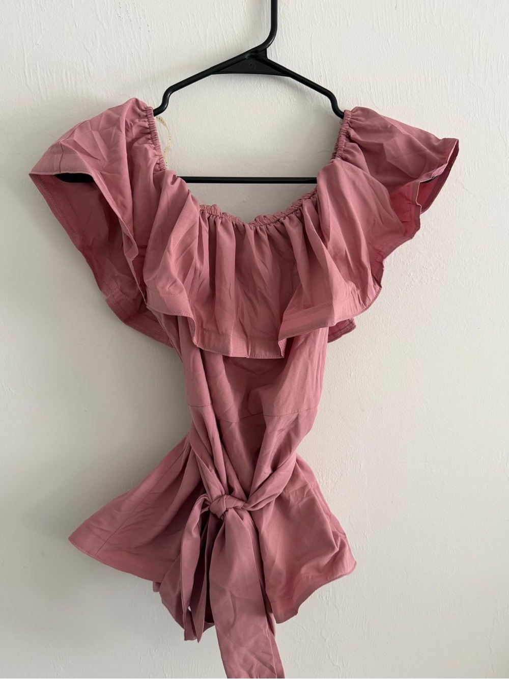 Off-Shoulder Ruffled Pink Tie-Waist Women’s Dress